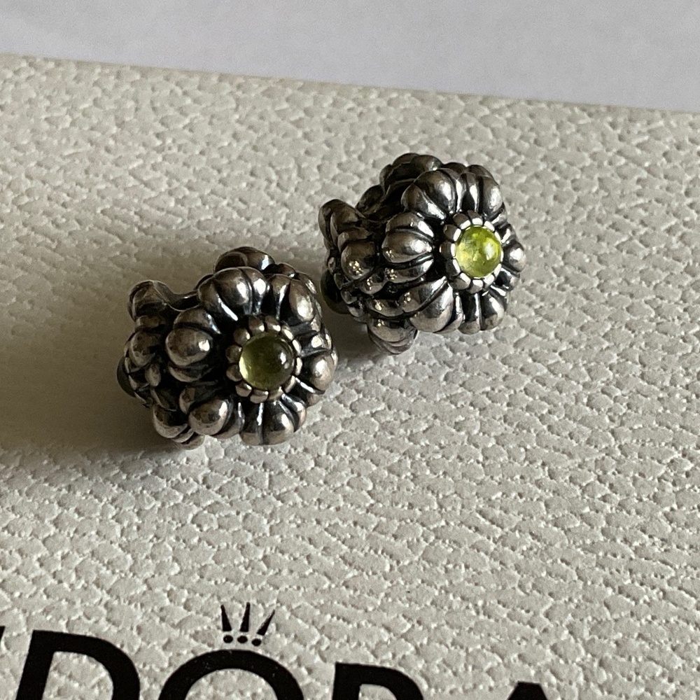 Pandora Silver Flower Earrings with Green Gem